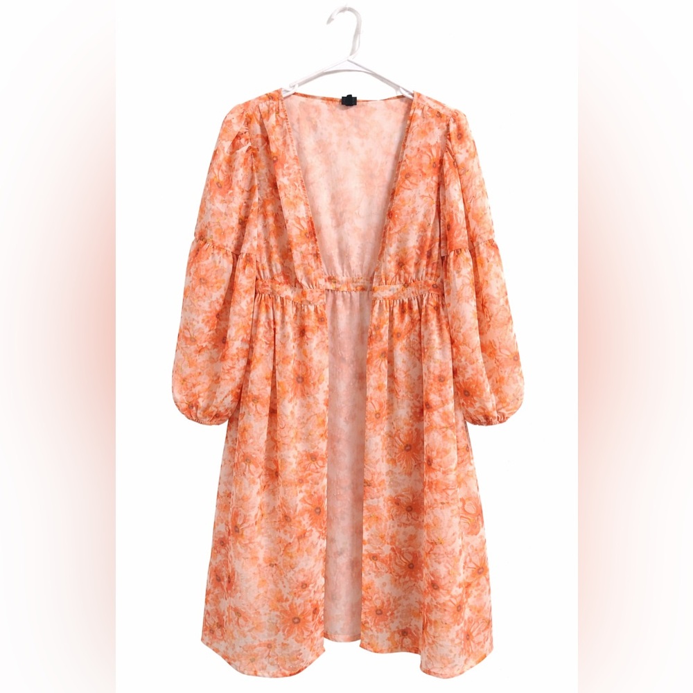 Boho Duster Babydoll Floral Open Tie Front Kimuno S/M Sheer Orange Flowy Praire